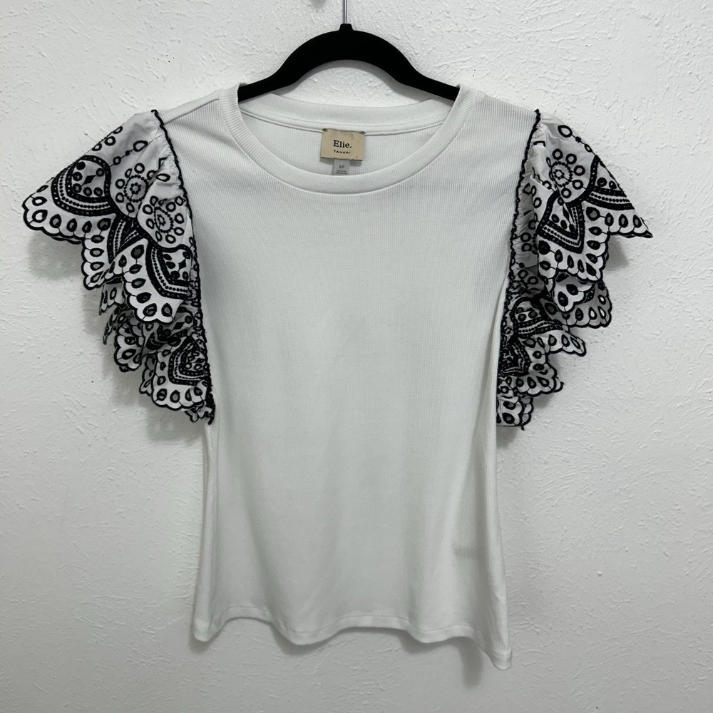 Elite Tahari White Ribbed Tee Black Eyelet Geometric Print Flutter Sleeve Top S